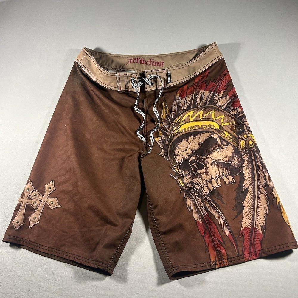 Mens Affliction Windtalker Skull Headdress Boardshorts Brown Surf Size 36 USA
